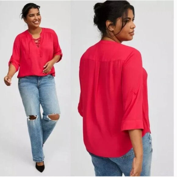 torrid Tops - Torrid Harper Georgette Lace Up 3/4 Sleeve Virtual Pink Blouse Size 1X NWT